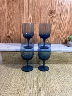 Vintage Gorham Blue Crystal Stemmed Wine Glasses - Set of 4 8oz